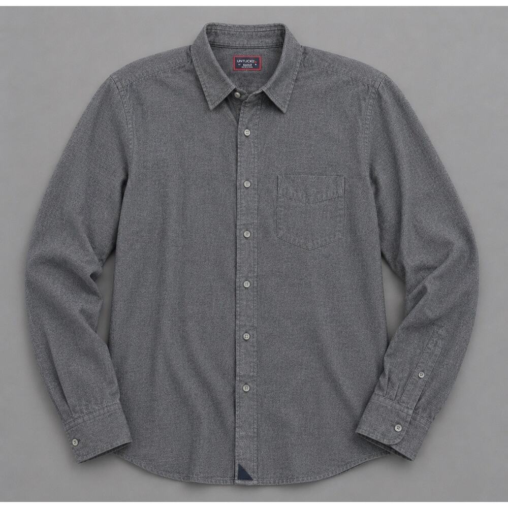 Untuckit Mens Medium Gray Flannel Cotton Button Down Shirt Long Sleeve